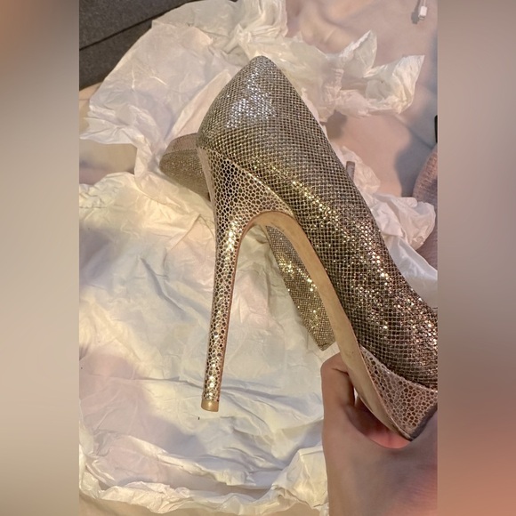 Jimmy Choo Gold Glitter Fabric And Embossed Leather Eros Platform Pump 38 - Picture 4 of 9